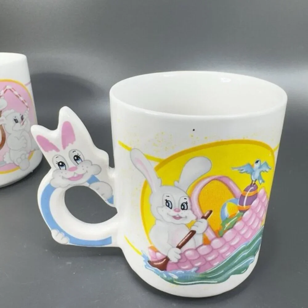 1980s Mug Cup Kitsch Colorful Bunny Rabbit Drinking Float Ceramic Mugs Cups Set2